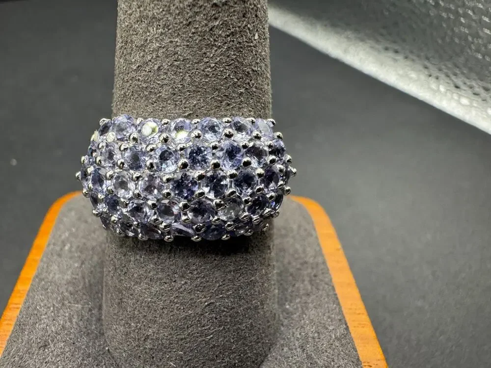 Vintage 925 Sterling Silver Signed Tanzanite Cluster Dome Ring Size 10